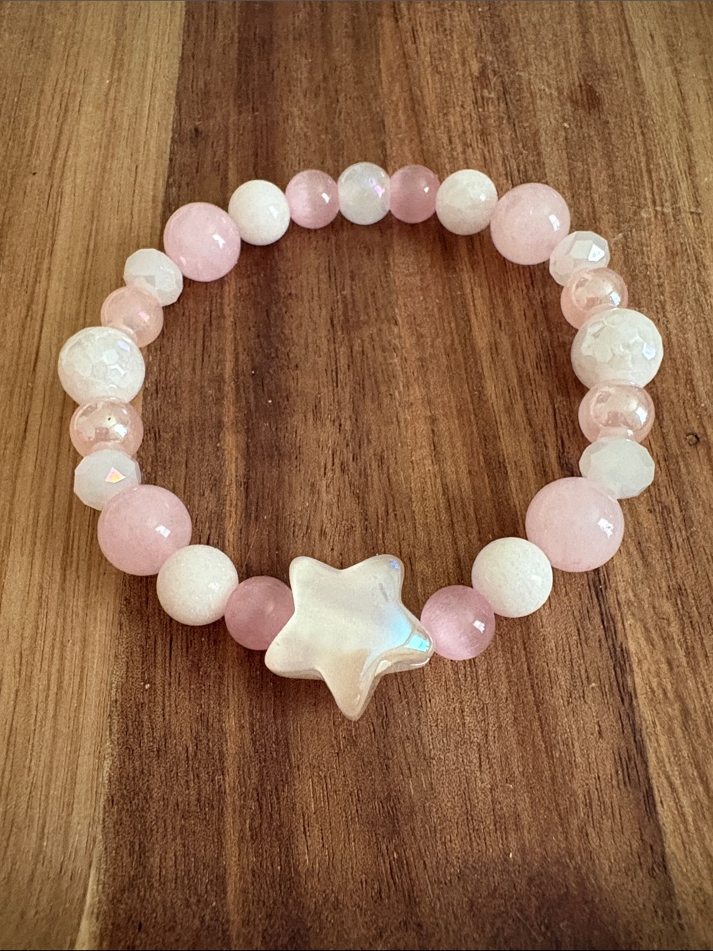 Handmade Iridescent Star Bracelet with Quartz and Glass Beads